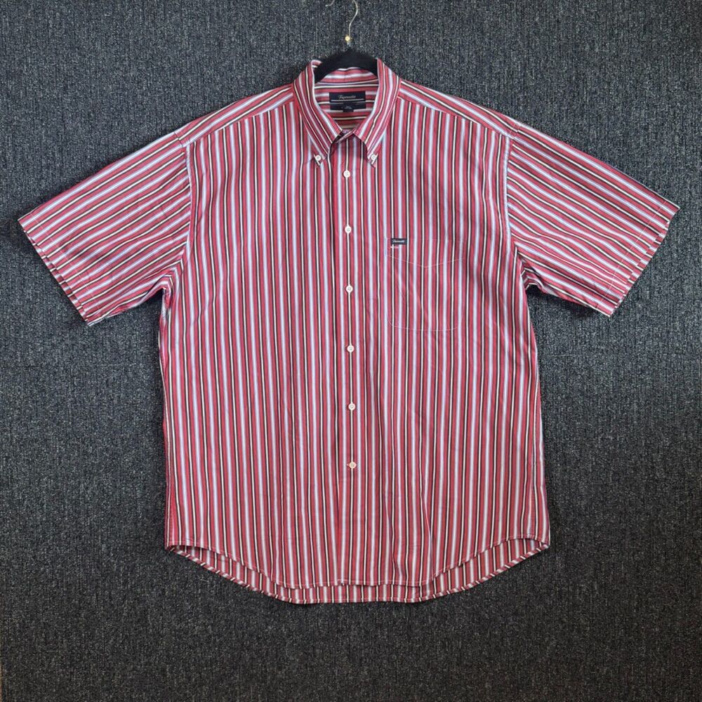 Façonnable Men XL Relaxed Fit Red Blue Multi Stripe Short Sleeve Button Up Shirt
